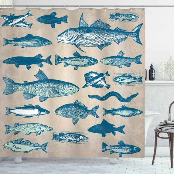 Ambesonne Fish Shower Curtain, Vintage Seafood Composition, 69"Wx70"L, Multicolor