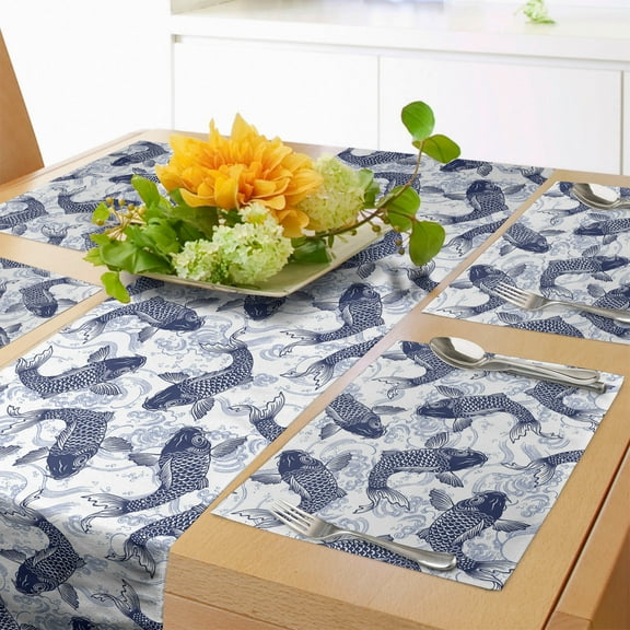 Ambesonne Fish Table Runner & Placemats, Eastern Traditional Animal, Placemat 4 pcs + Runner 12"x72", Dark Blue White