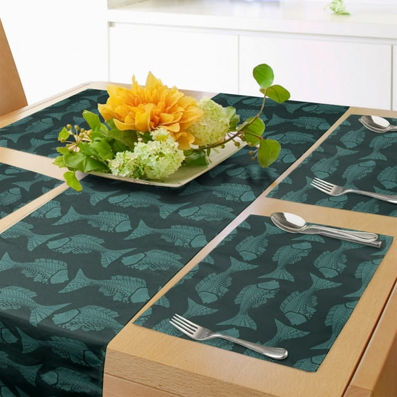 Ambesonne Fish Table Runner & Placemats, Vintage Style Dark Sea Graphic, Placemat 4 pcs + Runner 16"x72", Hunter Green Grey Teal
