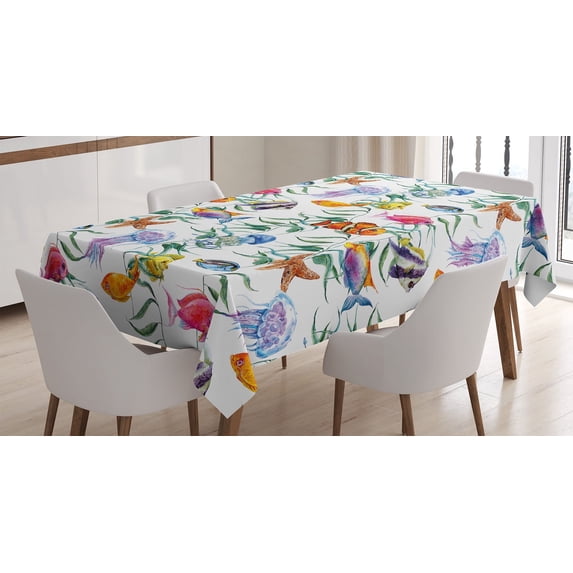 Ambesonne Fish Tablecloth Rectangular Table Cover, Watercolor Underwater, 60"x90", Multicolor