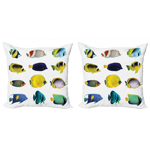 Ambesonne Fish Throw Pillow Cover 2 Pack, Collage of Sea Animals, 20", Multicolor