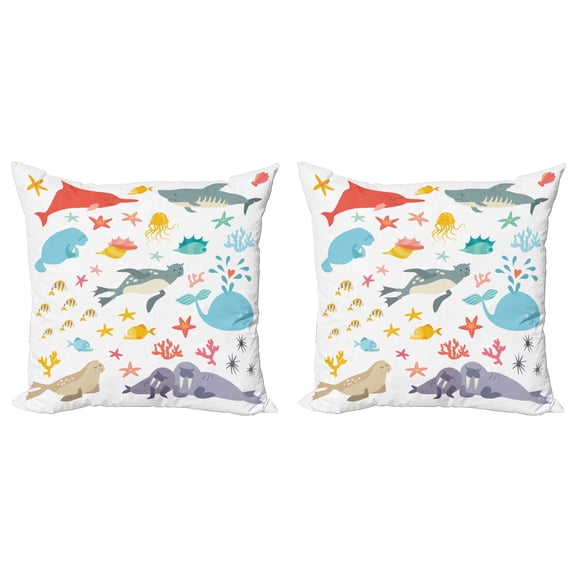 Ambesonne Fish Throw Pillow Cover 2 Pack, Colorful Ocean Animals, 18", Multicolor