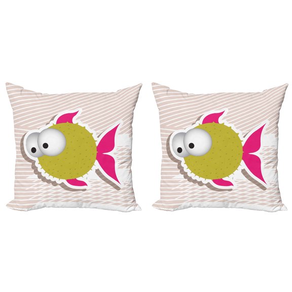 Ambesonne Fish Throw Pillow Cover 2 Pack, Comical Blowfish Huge Eyes, 20", Multicolor