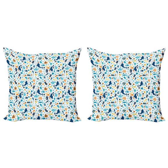 Ambesonne Fish Throw Pillow Cover 2 Pack, Dolphin Star Jellyfish Shells, 20", Dark Sky Blue Marigold