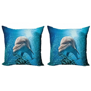 Ambesonne Fish Throw Pillow Cover 2 Pack, Dolphin in Ocean Marine, 24", Blue Grey