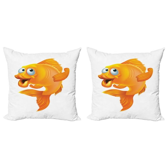 Ambesonne Fish Throw Pillow Cover 2 Pack, Happy Playful Goldfish, 18", Orange White