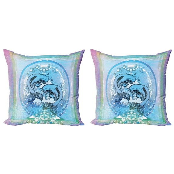 Ambesonne Fish Throw Pillow Cover 2 Pack, Japanese Koi on Sea Blue, 24", Blue Lilac