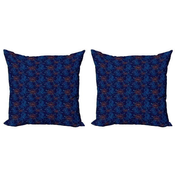 Ambesonne Fish Throw Pillow Cover 2 Pack, Oriental Sacered Carp Koi, 20", Royal Blue Aqua Orange