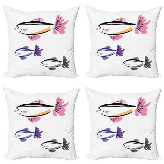 Ambesonne Fish Throw Pillow Cover 4 Pack, Bird Faced Animals Swim, 20", Dried Rose Dimgrey