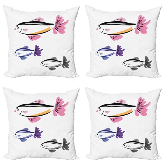 Ambesonne Fish Throw Pillow Cover 4 Pack, Bird Faced Animals Swim, 20", Dried Rose Dimgrey