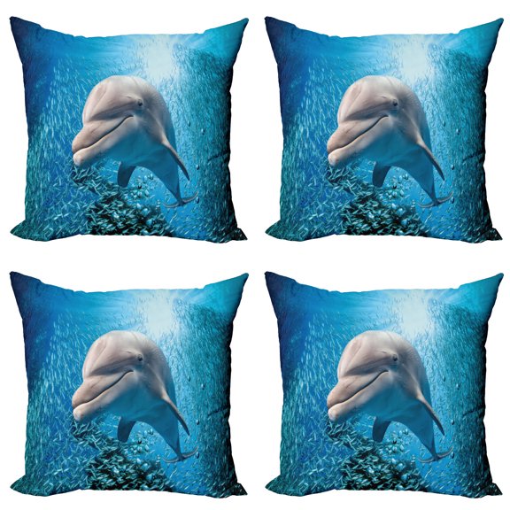 Ambesonne Fish Throw Pillow Cover 4 Pack, Dolphin in Ocean Marine, 16", Blue Grey