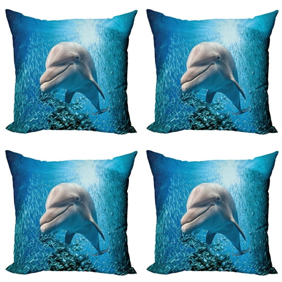 Ambesonne Fish Throw Pillow Cover 4 Pack, Dolphin in Ocean Marine, 16", Blue Grey