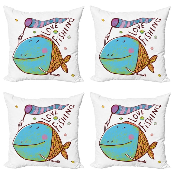 Ambesonne Fish Throw Pillow Cover 4 Pack, Funny Cartoon Illustration, 16", Multicolor