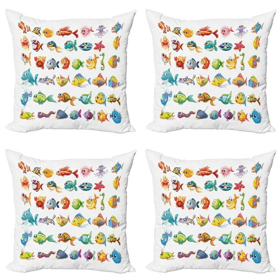 Ambesonne Fish Throw Pillow Cover 4 Pack, Happy Fish Abstract, 18", Multicolor