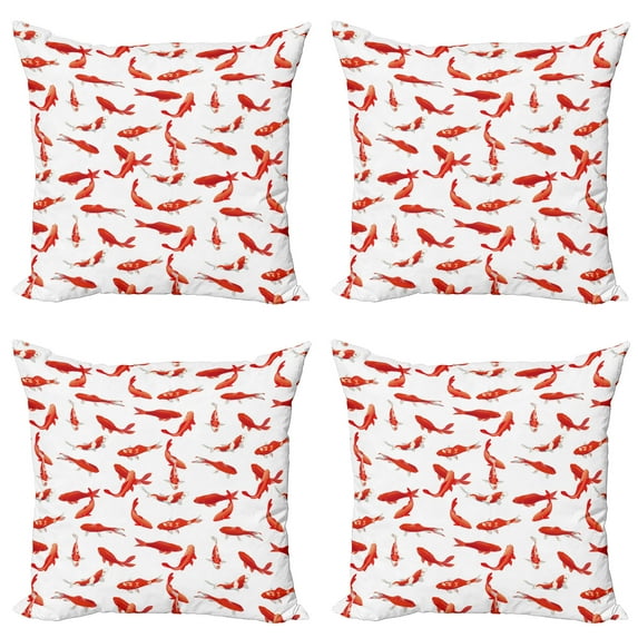 Ambesonne Fish Throw Pillow Cover 4 Pack, Koi Shoal Marine, 24", Orange