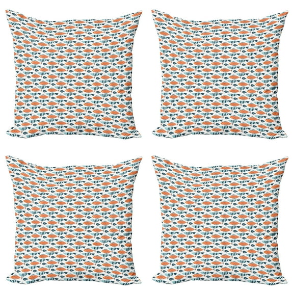 Ambesonne Fish Throw Pillow Cover 4 Pack, Marine Cartoon Animal, 20", White Blue Grey Orange