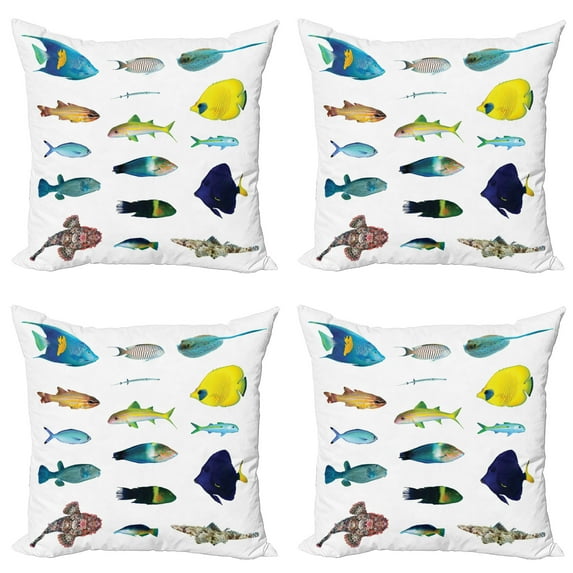 Ambesonne Fish Throw Pillow Cover 4 Pack, Marine Life Creatures, 18", Multicolor