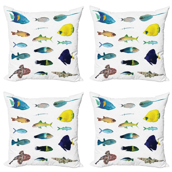 Ambesonne Fish Throw Pillow Cover 4 Pack, Marine Life Creatures, 20", Multicolor