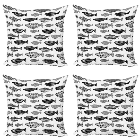 Ambesonne Fish Throw Pillow Cover 4 Pack, Sea Animals Black White, 16", Black White