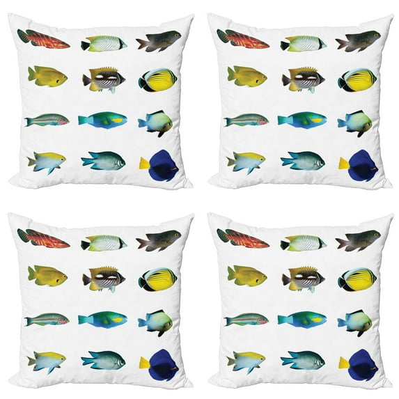 Ambesonne Fish Throw Pillow Cover 4 Pack, Sea Creatures Nautical, 20", Multicolor
