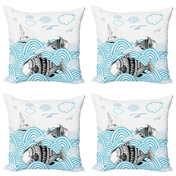 Ambesonne Fish Throw Pillow Cover 4 Pack, Sketch Boat and Animals, 24", Blue Black and White