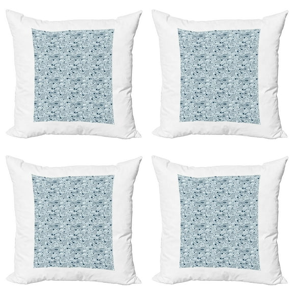Ambesonne Fish Throw Pillow Cover 4 Pack, Sketch of Sea Animals, 20", Blue