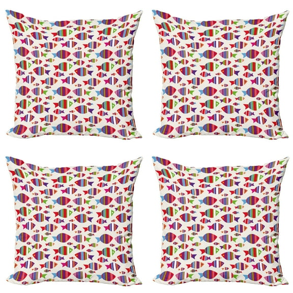 Ambesonne Fish Throw Pillow Cover 4 Pack, Vibrant Striped Fishes, 18", Multicolor
