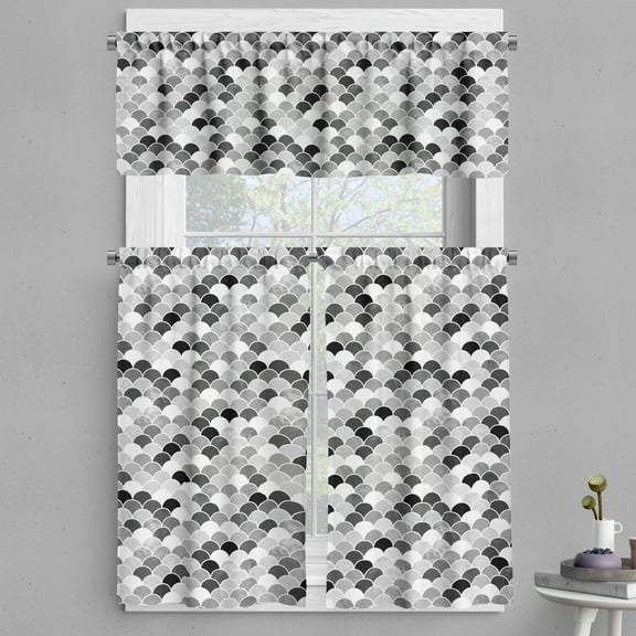 Ambesonne Fish Valance & Curtain, Squama Motif and Scales, 55"x30", Black Grey White