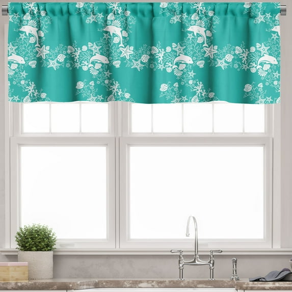 Ambesonne Fish Valance Pack of 2, Dolphins and Flowers, 42"X12", Sea Green White