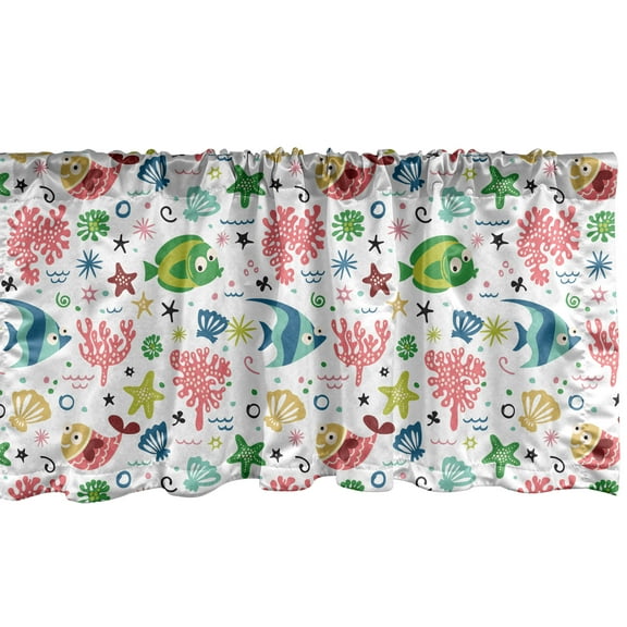 Ambesonne Fish Window Valance, Childish Pattern with Corals and Underwater Creatures Shells Starfishes, Curtain Valance for Kitchen Bedroom Decor with Rod Pocket, 54" X 18", Multicolor