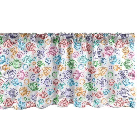 Ambesonne Fish Window Valance, Colorful Doodle Style Fish with Happy Faces and Bubbles Under the Sea Aquarium, Curtain Valance for Kitchen Bedroom Decor with Rod Pocket, 54" X 18", Multicolor