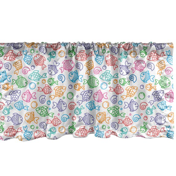 Ambesonne Fish Window Valance, Various Color Repeating Funny Fish Motif Cheerful Aquatic Creatures Underwater Image, Curtain Valance for Kitchen Bedroom Decor with Rod Pocket, 54" X 18", Multicolor