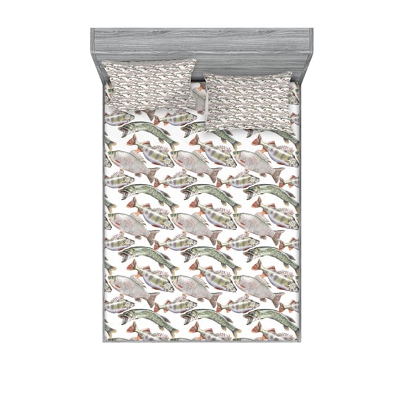 Ambesonne Fishes Fitted Sheet & Pillow Sham Set, Carp Perch and Bass, Full, Multicolor