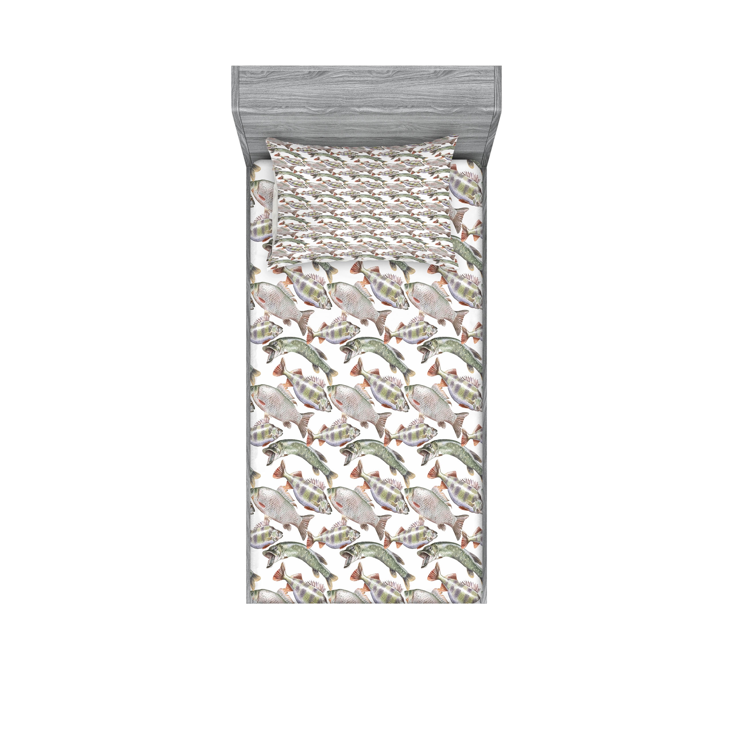 Twin White Microfiber Fish Print Sheet Set