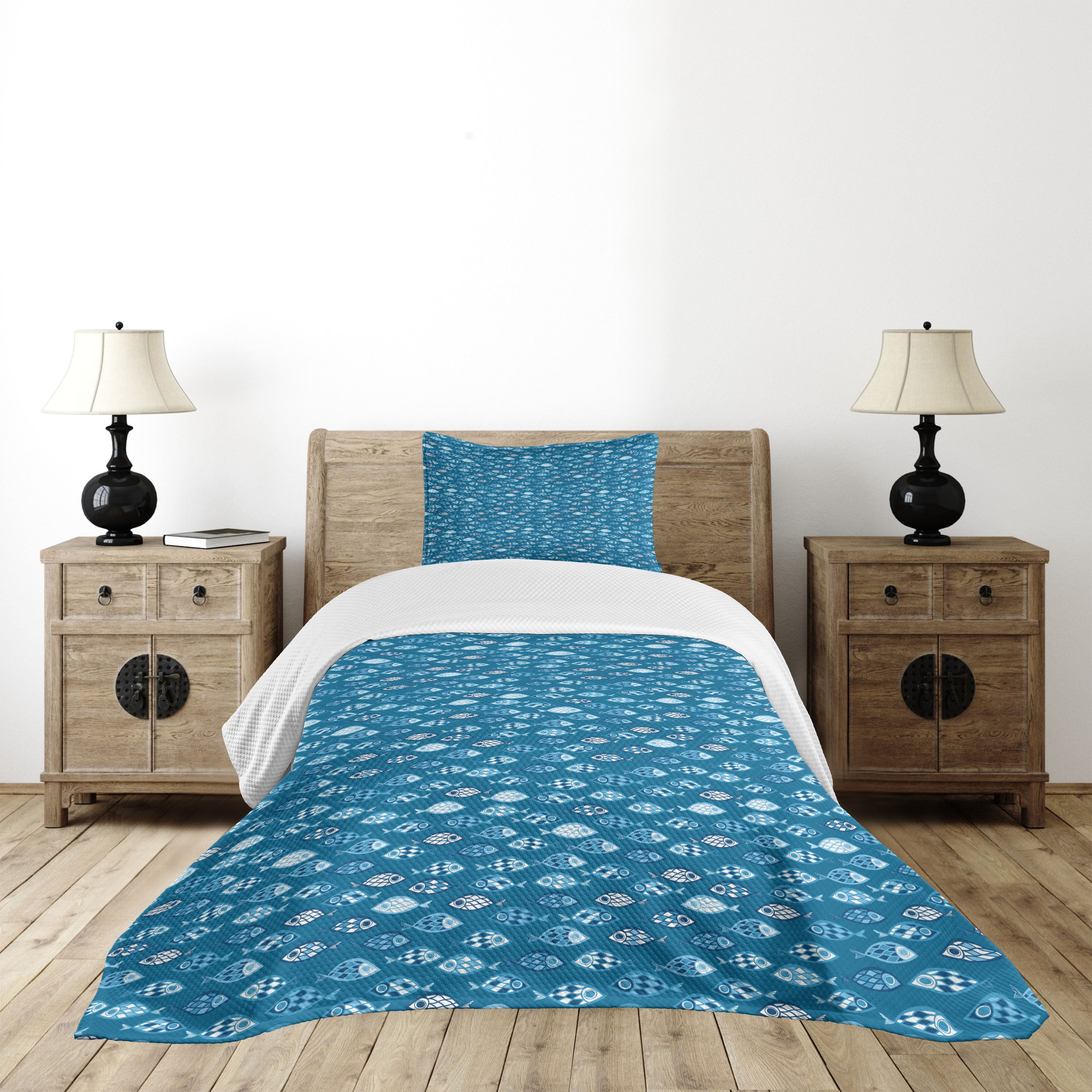 Twin Blue Quilted Bedspread Set with Pillow Sham
