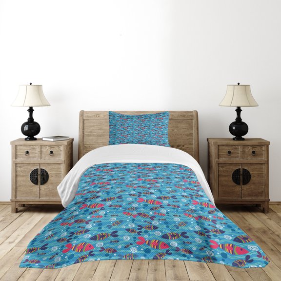 Ambesonne Fishes Quilted Bedspread Set 2 Pcs, Colorful Wavy Ocean, Twin Size, Multicolor