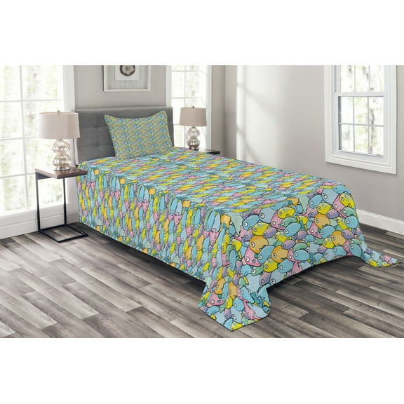 Ambesonne Fishes Quilted Bedspread Set 2 Pcs, Maritime Themed Fauna, Twin Size, Multicolor