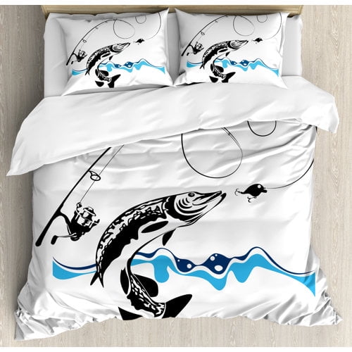 Ambesonne Fishing Big Pike Fish Catching Wobblers Reel Trap in River Raptorial Predator Print Duvet Cover Set