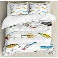 thumbnail image 1 of Ambesonne Fishing Duvet Cover Set, Several Fish Hook Equipment Objects Trolling Angling Netting Gathering Activity, Decorative 3 Piece Bedding Set with 2 Pillow Shams, Queen Size, White Gray, 1 of 3