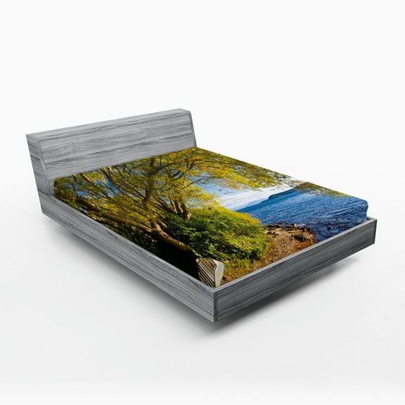 Ambesonne Fishing Fitted Sheet, Boat Under the Tree, Full Size, Olive Green Blue