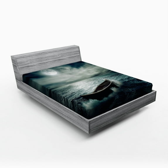 Ambesonne Fishing Fitted Sheet, Boat in Ocean, Queen Size, Dark Blue White