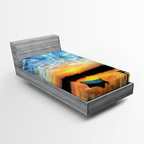 Ambesonne Fishing Fitted Sheet, Little Boat on Pond, Twin XL Size, Sky Blue Yellow Black