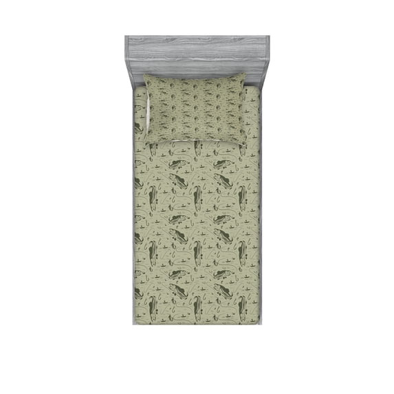 Ambesonne Fishing Fitted Sheet & Pillow Sham Set, Fisherman Boat and Trouts, Twinxl, Dusk Army Green