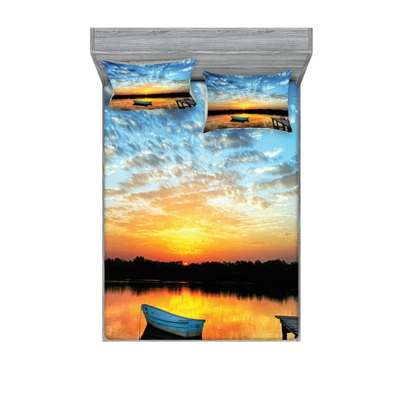 Ambesonne Fishing Fitted Sheet & Pillow Sham Set, Little Boat on Pond, Calking, Sky Blue Yellow Black