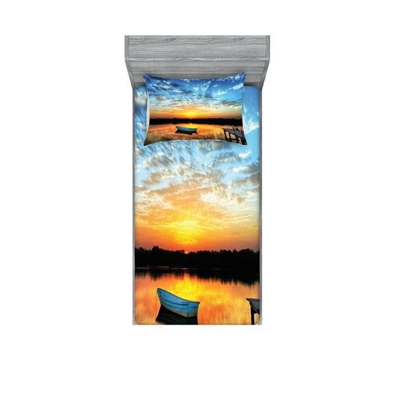 Ambesonne Fishing Fitted Sheet & Pillow Sham Set, Little Boat on Pond, Twinxl, Sky Blue Yellow Black