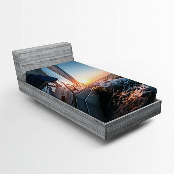 Ambesonne Fishing Fitted Sheet, Sail Boat on Sea Hobby, Twin Size, Pale Blue Yellow