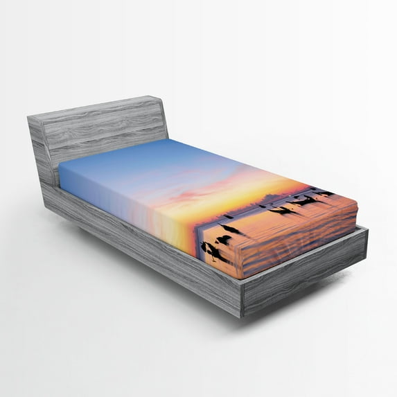 Ambesonne Fishing Fitted Sheet, Sunset on Sea Ships, Twin Size, Blue Yellow Coral