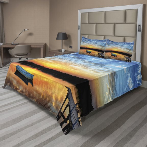 Ambesonne Fishing Fitted & Top Sheet Set with Shams, Little Boat on Pond, Sky Blue Yellow Black