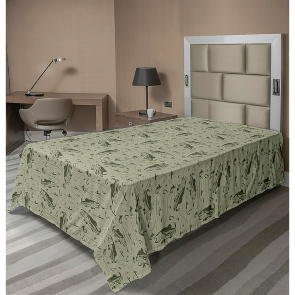 Ambesonne Fishing Flat Sheet, Fisherman Boat and Trouts, Twin Size, Dusk Army Green