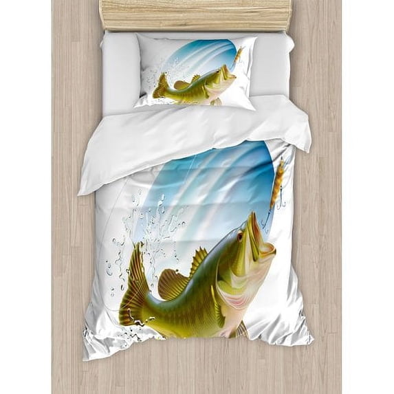 Ambesonne Fishing Largemouth Sea Bass Catching a Bite in Water Spray Motion Splash Wild Image Duvet Cover Set